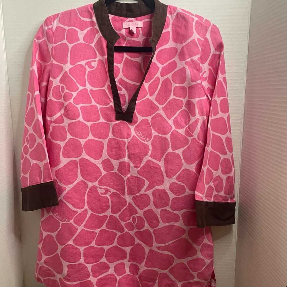 Lily Pulitzer Linen Pink and Brown Giraffe Small Tunic Top